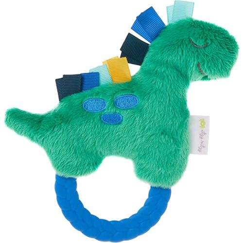 Itzy Ritzy - Ritzy Rattle Pal with Teether - Baby Teething Toy Features A Minky Plush Character, Gentle Rattle Sound & Soft Teether Toy for Newborn (Dinosaur)