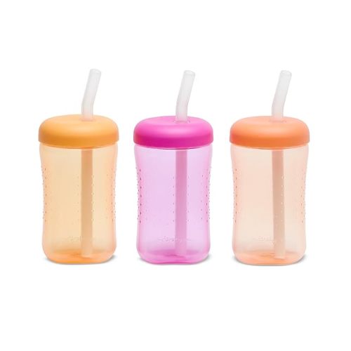 The First Years Squeeze & Sip Toddler Straw Cups - Squeezable Transition Sippy Cup with Silicone Straw - Toddler Feeding Supplies - Yellow/Pink/Orange - 7 Oz - 3 Count - Ages 6 Months and Up