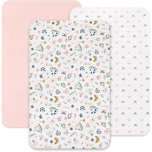 david's kids 3 Pack Mini Crib Sheets, Soft Breathable Premium Pack N Play Sheets for Baby Boys Girls Neutral, Playard and Mini Crib Mattresses, Floral & Butterfly