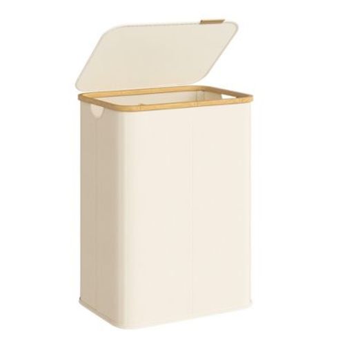 SONGMICS Laundry Hamper, Laundry Basket with Lid, Foldable Storage Basket, Bamboo Frame, Oxford Fabric, 37 Gal. (140 L), Cream White