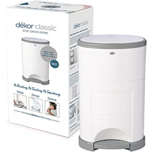 Dekor Classic Hands-Free Diaper Pail | White | Easiest to Use | Just Step – Drop – Done | Doesn’t Absorb Odors | 20 Second Bag Change | Most Economical Refill System