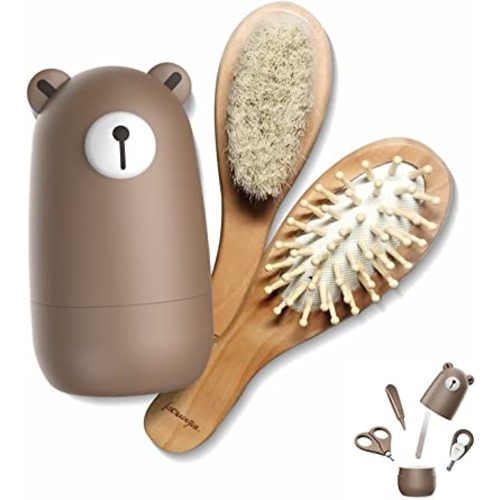 6-in-1 Baby Grooming Set, Natural Wooden Hairbrush and Comb, Nail Clippers,Nail Scissors, Nail File and Tweezers for Kids and Newborns in Nice Gift Box