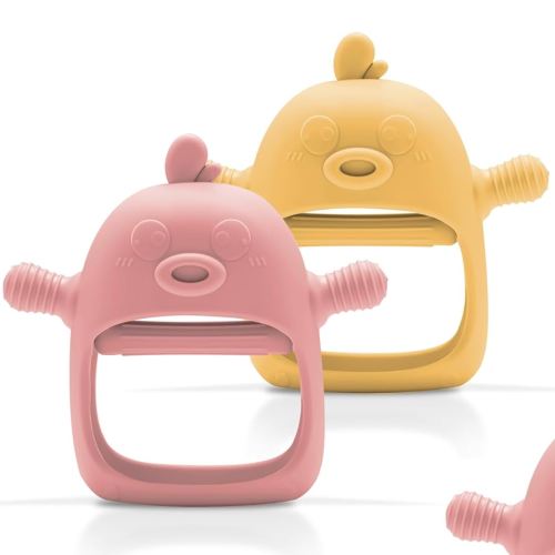 Baby Teething Toys, Never Drop Silicone Chew Toys, Mittens for Babies Over 3 Months, Pacifiers for Breast Feeding, BPA Free, Duckling Teether 2 Packs (Light Pink+Mango)