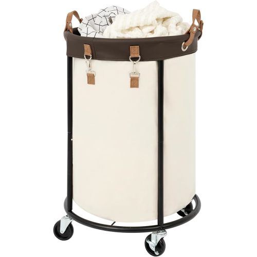 StorageWorks Laundry Basket with Wheels, 120L Rolling Laundry Hamper, Round Laundry Cart with Steel Frame and Removable Bag, 4 Casters and 2 Brakes, Beige, 1-Pack