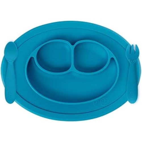 ezpz Mini Collection Set (Blue) - 100% Silicone Cup + Straw, Fork, Spoon & Mini Mat Suction Plate with Built-in Placemat for Infants + Toddlers - First Foods + Self-Feeding - 12 Months+
