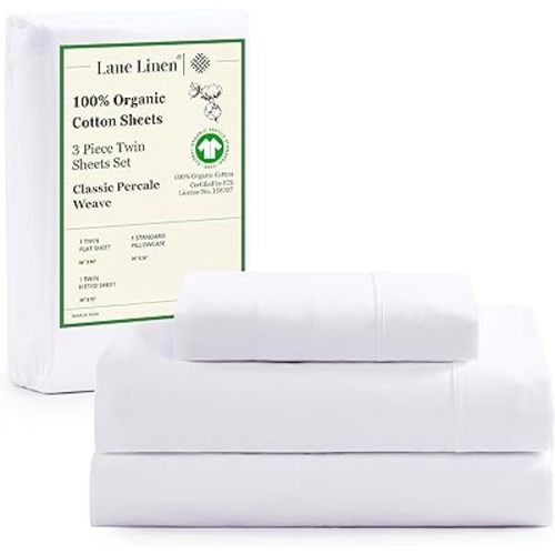 LANE LINEN 100% Organic Cotton Twin Sheets Set, 3Pc Twin Bed Sheets, Breathable Cotton Sheets Twin Size Bed Set, Dorm Room Essentials with 15" Twin Deep Pocket Fitted Sheet - White Sheets