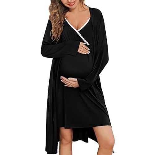 SWOMOG Maternity Robe Nursing Nightgown 3 in 1 Labor Delivery Birthing Gown for Hospital Breastfeeding Bathrobes Lace Dress