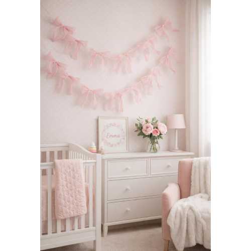 Pink Bow Garland Baby Shower Decor, Nursery Wall Decor for Baby Girl, Coquette Bow Decoration, Girly Room Decor