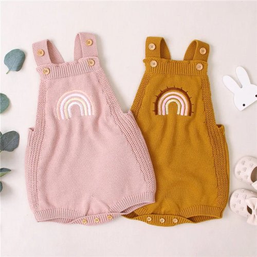 Rainbow Dreams: Newborn Knitted Jumpsuit with Embroidered Rainbow Detail