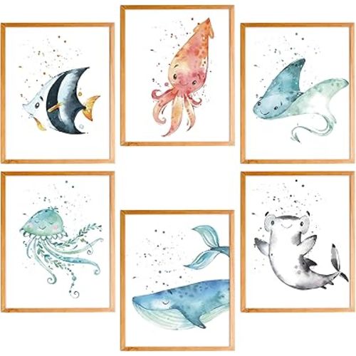 BearCake Watercolor Ocean Animals Nursery Wall Art Set of 6, Ocean Nursery Decor, Under the Sea Nursery Wall Decor Poster Prints for Toddler Kids Boy Girl Room Bathroom Playroom, 8x10 Inches