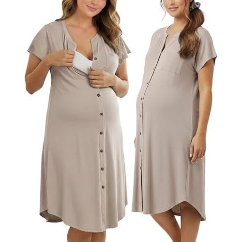 PATPAT Maternity Midi Dress, Button-Down Nursing Dress with Pockets for Baby Shower, Pregnancy & Postpartum