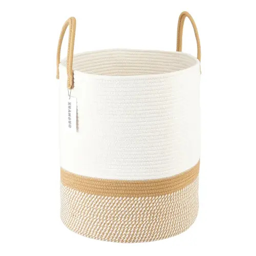 Cotton Rope Laundry Basket Hamper for Clothes Woven Storage Basket for Living Room Bedroom Boho Tall Rope Baskets for Blanket Toys Pillow Towels Baby Nursery Hamper Bin White and Brown