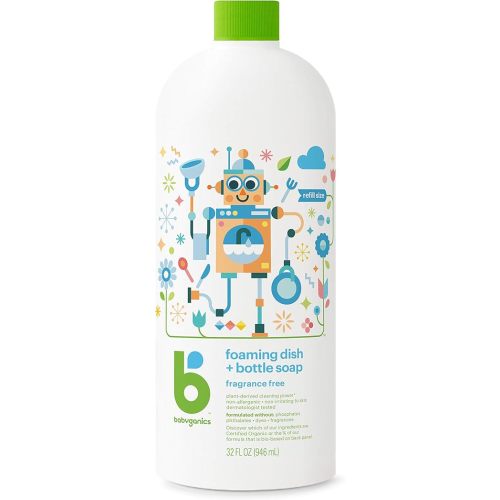 Babyganics Foaming Dish & Bottle Soap Refill, Fragrance Free, Plant-Derived Cleaning Power, Removes Dried Milk, 32 Fl Oz (Pack of 2), Packaging May Vary