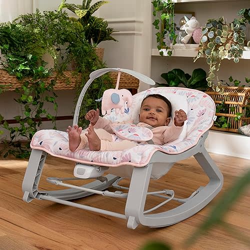 Ingenuity Keep Cozy 3-in-1 Grow with Me Vibrating Baby Bouncer Seat & Infant to Toddler Rocker, Vibrations & -Toy Bar, 0-30 Months Up to 40 lbs (Pink Burst)