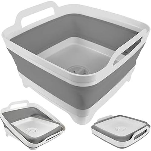 Collapsible Wash Basin with Drain Plug - 2.4 Gallon (9L) Portable Sink for RV Camping,Space-Saving Dish Pan and Wash Basin for Baby Bottles - Collapsible Dish Tub (Gray)
