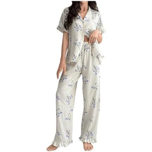 Verdusa Women's 2 Piece Pajama Sets Floral Print Pj Set Button Up Short Sleeve Tops and Two Piece Pants Sets