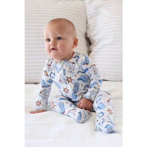 Rodeo Dreams Zipper Footie in Blue | Caden Lane 3-6mo