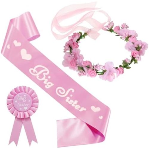 Biubumtu 3Pcs Big Sister Accessory Set, Including Flower Wreath, Big Sister Satin Sash and Badge Pin
