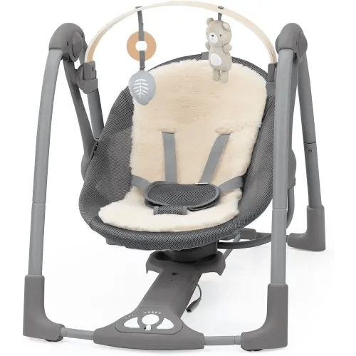Ingenuity Every Season Swing 'n Go Portable Swing - Cooling and Warming Fabrics, Detachable Sustainable Wooden Toy Bar, 2 Toys, Music, Motorized Swing, for Ages 0-9 Months, Grey - Wesley