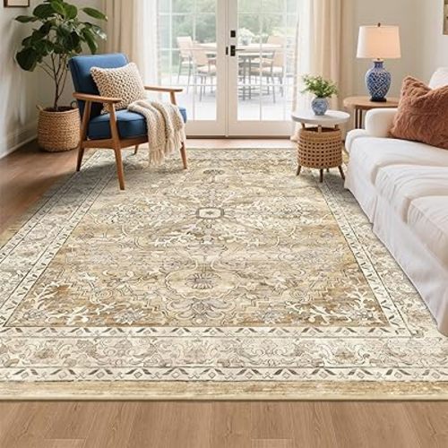 U'Artlines Boho Vintage Area Rug 5x7 Machine Washable Low Pile Soft Floor Carpet Non Slip Non Shedding Accent Rug for Living Room Bedroom Entryway Dining Room Office Cream Tan