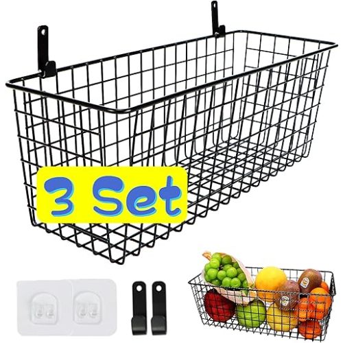 3 Set [Extra Large]Hanging Wall Wire Baskets, Farmhouse Food Storage Kitchen Pantry Laundry Closet Garage RV,Black