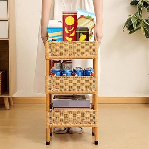23.6in Tall 3-Tier Rattan Storage Rack, Rattan Standing Shelf Organizer, Multipurpose Hand-Woven Shelving Unit for Laundries, Kitchen, Bathroom, Bedroom