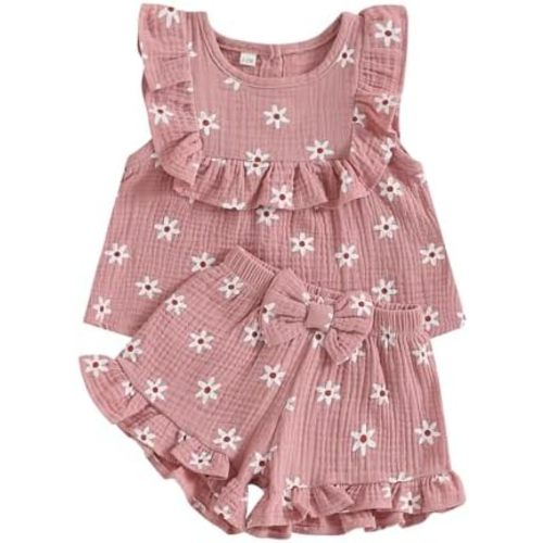 BemeyourBBs Summer Toddler Girl Clothes Baby Girl Ruffle Sleeveless Shirt with Buttons Bow Bloomers Shorts Set Cute Outfits