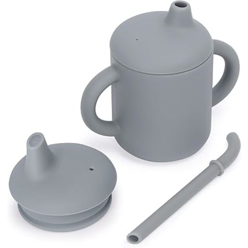 Sippy Cups for Toddlers 1-3 with Straws,Silicone Baby Cup 6-12 months with Handles for Feeding Essentials,4oz [4 in 1],Gray