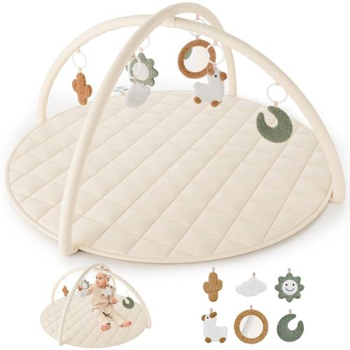 Beautiful Baby Play Gym and Tummy Time Mat - Soft Cotton Mat with 6 Cute Toys Creates The Perfect Activity Area for Your Girl/Boy - Stylish Infant Floor Playmat Fits Nicely with Any Playroom Decor