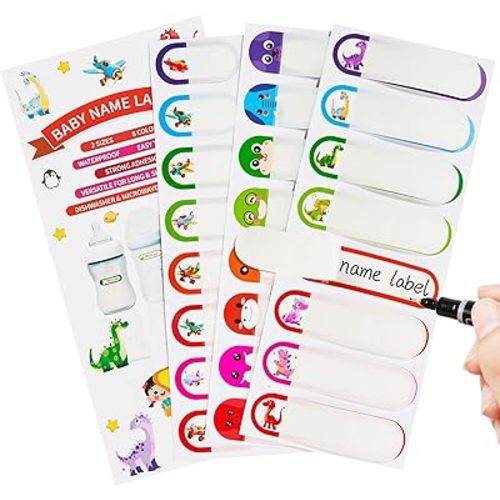 Name Tag Stickers for Daycare, Self-Laminating, Write-On Waterproof Baby Bottle Labels, Dishwasher Safe, Reusable Labels, Assorted Sizes & Colors, Pack of 64