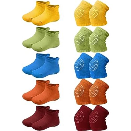 10 Pairs Baby Crawling Anti Slip Knee Pads and Anti Slip Baby Socks Set Unisex Toddler Knee Protectors Non Slip Ankle Socks
