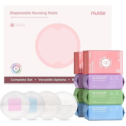 Nuliie 100 PCS Disposable Nursing Pads, Ideal for First-Time Buyers to Find Perfect Match, 4 Materials Trial (Viscose from Bamboo, Classic, Blue Core, Pink Care), Breastfeeding Essentials for New Moms