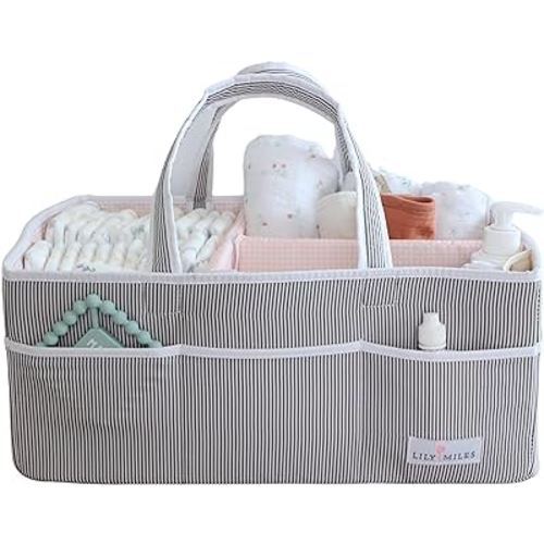 Lily Miles Baby Diaper Caddy - Organizer Tote Bag for Baby Girl Essentials - Baby Shower Basket - Nursery Must Haves - Registry Favorites - Newborn Caddie Car Travel - Gray/Blush, Extra Large