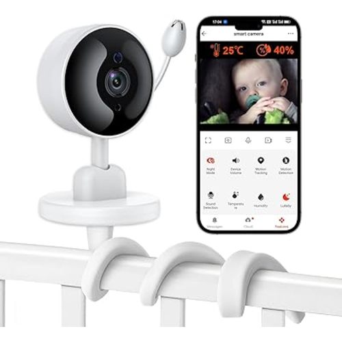 Baby Monitor with Camera and Audio, WiFi Indoor Video Baby Camera with Mount, Motion & Cry Detection, Temp & Humidity Sensor, Night Vision, 2 Way Audio, 4 Lullabies, APP Control