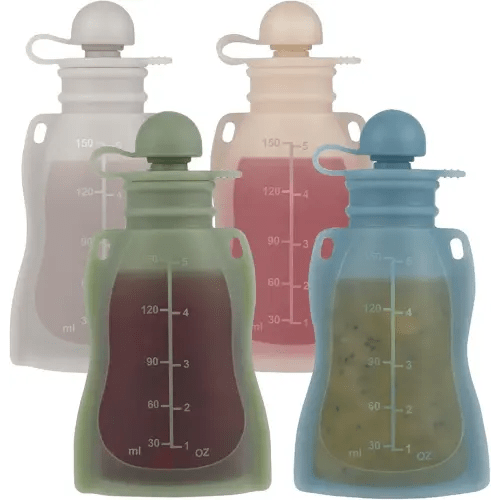 Silicone Baby Food Pouches Reusable, 4 Pack Refillable Squeeze Pouches with Straw for Toddlers Kids, BPA Free, 5OZ Baby Food Containers,Dishwasher and Microwave Safe