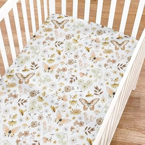 Vintage Butterflies Boho Wildflowers Baby Crib Sheets Boy Girl 52"x28" Watercolor Bees Butterflies Spring Floral Crib Mattress Cover Soft Breathable Baby Sheet for Standard Crib & Toddler Bed Mattress