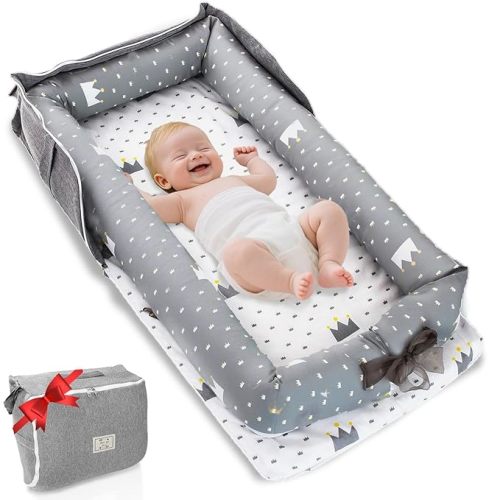 Baby Lounger for Newborn to Toddler 0-24 Months - Portable Infant Lounger Bed with Breathable Cotton, Adjustable Size & Lengthen Space Travel Strap for Home, Outdoor (1. Crown)