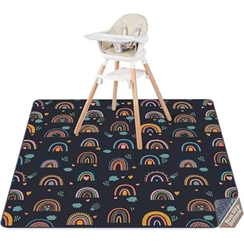 CLYMENE Splat Mat for Under High Chair | 51x51 Inch Anti-Slip Baby Splash Mat | Waterproof & Washable Spill Mat for Highchair Floor and Infant Play (Retro Rainbow)