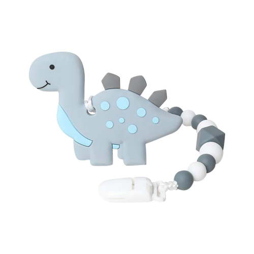 BINGLI Baby Teething Toys for Babies 3-6 6-12 Months, Dinosaur Teether Pain Relief Toy with One Piece Design Pacifier Clip Holder Set, Freezer Safe Neutral Shower Gift for Boys and Girls