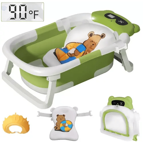 TOPCHANCES Foldable Baby Bathtub for Infants to Toddler, Portable Travel Bathtub with Thermometer & Bath Cushion & Bath Cap, Baby Bathtub for Newborn 0-36 Month (Green)