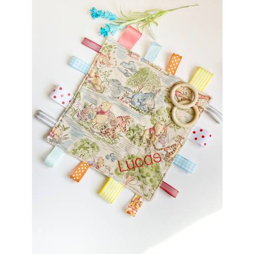 Sensory Blanket lovey made from Winnie the Pooh Day in the Park cotton with minky back, comfort, personalized baby shower, add crinkle