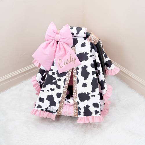Cow Print Baby Girl Car Seat Cover Canopy - Personalized Bow Embroidery - Gift for Newborn - Baby Car Seat Accessories - FREE SHIPPING