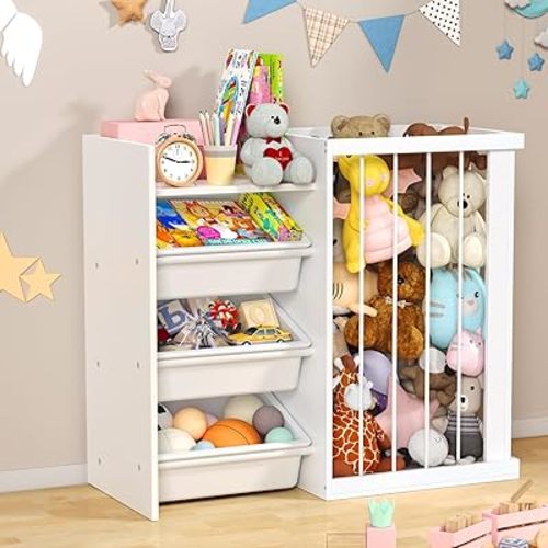 Kids Toy Storage Organizer, Wooden 3 Tier Toy and Book Storage for Kids, Toy Organizers and Storage with Stuffed Animal Storage, Kids Bookshelf and Toy Storage Book Rack for Kids Bedroom, Playroom