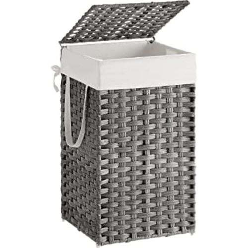 SONGMICS Laundry Hamper with Lid, 17.2 Gallon (65 L) Synthetic Rattan Clothes Laundry Basket with Lid and Handles, Foldable, Removable Liner, Dove Gray ULCB165G01
