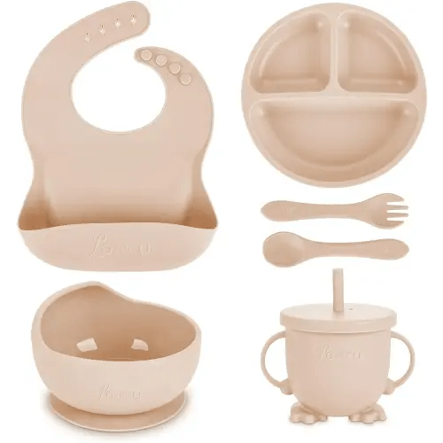 Silicone Baby Feeding Set|Baby Led Weaning Supplies Set|Suction Baby Plate Bowl Set with Bib Spoon Fork Sippy Cup|Baby Feeding Eating Supplies Set BPA Free