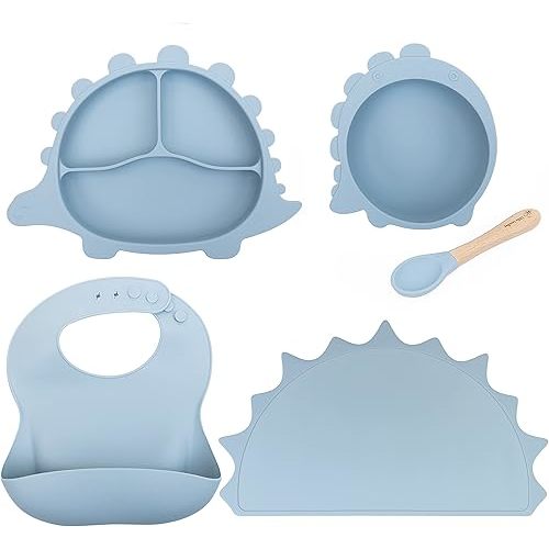 Toddler & Kids Suction Dinosaur Feeding Set | 100% Silicone | Divided Dino Plate | Snack Bowl | Baby Bib | Placemat & Feeding Spoon | Toddler Plate | Baby Led Weaning
