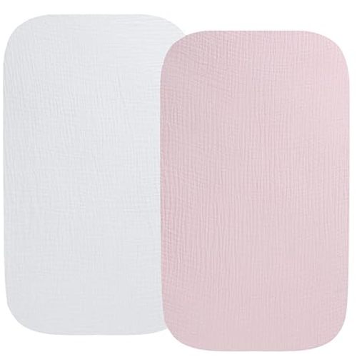 Muslin Bassinet Sheet Compatible with ANGELBLISS Baby Bassinet, Koolerthings (3 in 1) Baby Bassinet, Pamo Babe 2in1 and Ihoming Bedside Bassinet, 2 Pack Cotton Fitted White & Pink