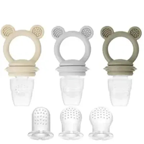 PandaEar 3 Pack Baby Fruit & Food Feeder Pacifier, Silicone Feeder Pacifier with 3 Sizes Pouches for Babies Toddlers Infants Kids, BPA-Free Food Grade Soft Safe (Tan/Grey/Brown)