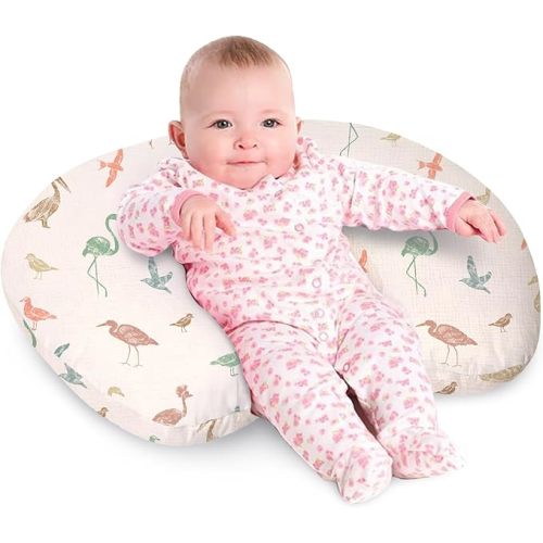Little Grape Land Nursing Pillow, Soft 100% Cotton Breastfeeding Pillow with Breathable Muslin Removable Cover, Breast Feeding Pillows for Babies 0-12 Months with Protective Zipper, Safari
