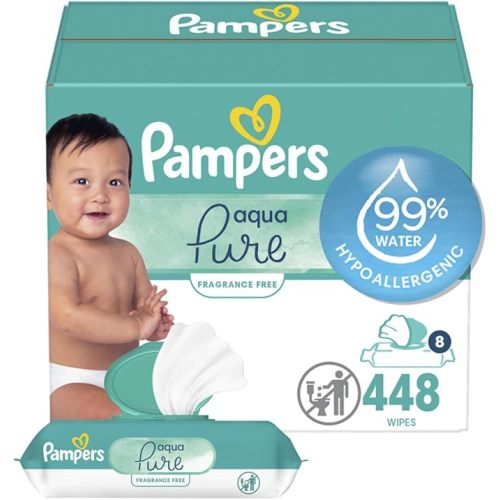 Pampers Baby Wipes Aqua Pure, 99% water-based wipes, Hypoallergenic and Unscented Baby Wipes, 448 Wipes Total (8 Flip-Top Packs)